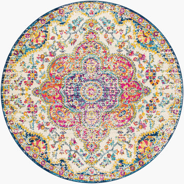 Area Rugs - 8ft Round Romaine Vintage Boho Fuchsia Mustard Blue Round Area Rug