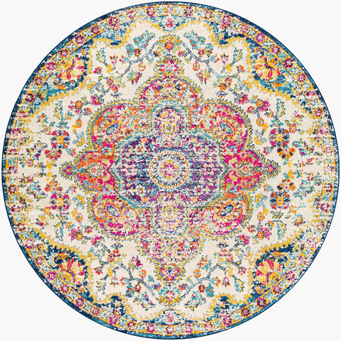 Area Rugs - 8ft Round Romaine Vintage Boho Fuchsia Mustard Blue Round Area Rug