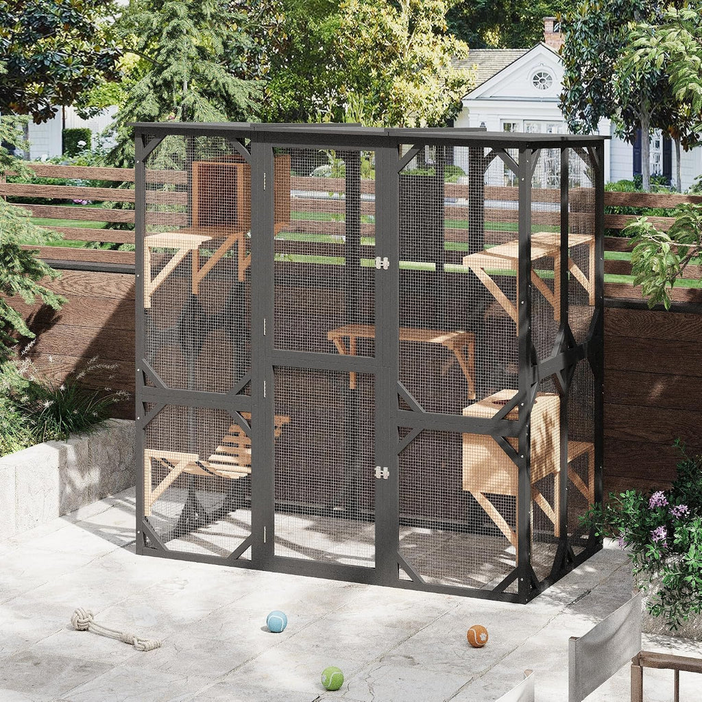 Walk-in Wooden Catio for Multiple Cats, Outdoor Enclosure, Black