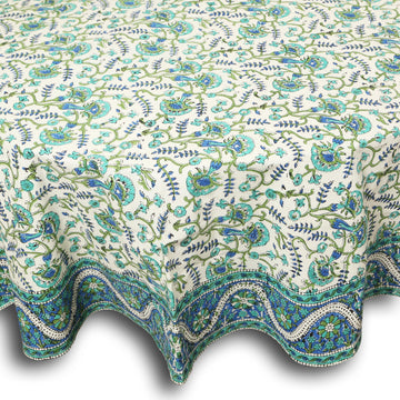 Cotton Block Print Tablecloth Round 72 inch, Blue Green