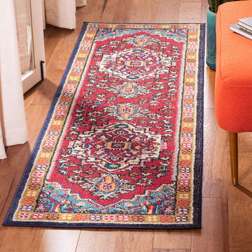 Monaco Collection Runner Rug, Red & Turquoise, Boho Oriental Medallion Design, Non-Shedding & Easy Care