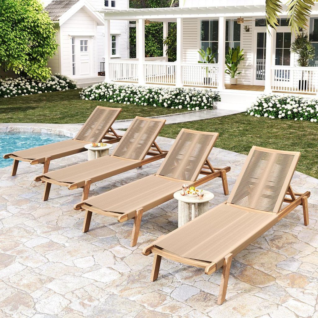 Set of 4 Outdoor Patio Wood Adjustable Chaise Lounges with Rope Seating, Rope Chaise Lounge with Acacia Wood