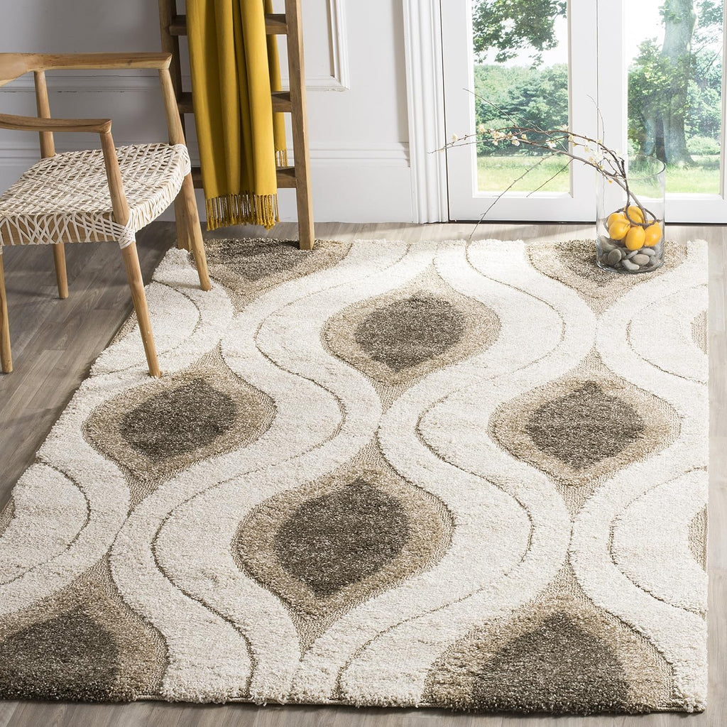 Florida Shag Collection Area Rug - 6'7" Square, Cream & Smoke, Modern Ogee Design, Non-Shedding & Easy Care, 1.2-inch