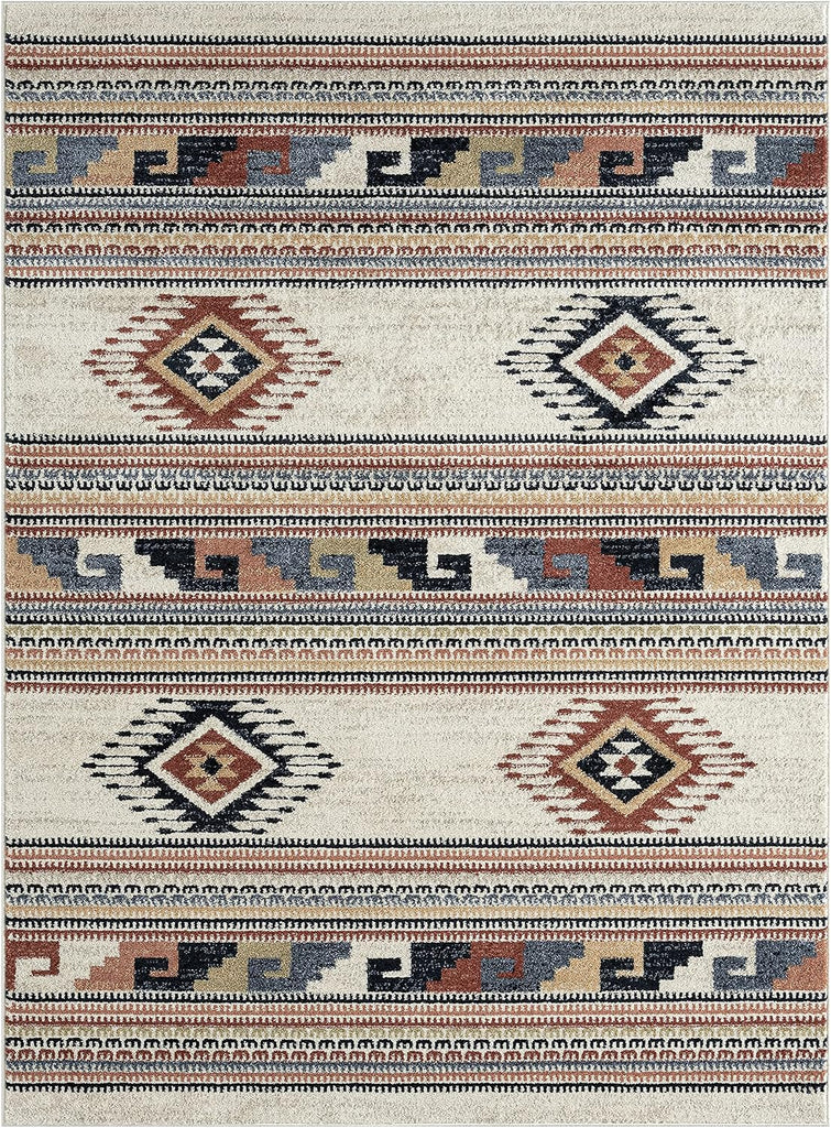 Multicolor Southwestern Design Area Rug - Non-Shed Orange, Grey & Beige Tribal Pattern Dining Room Carpet Rugs