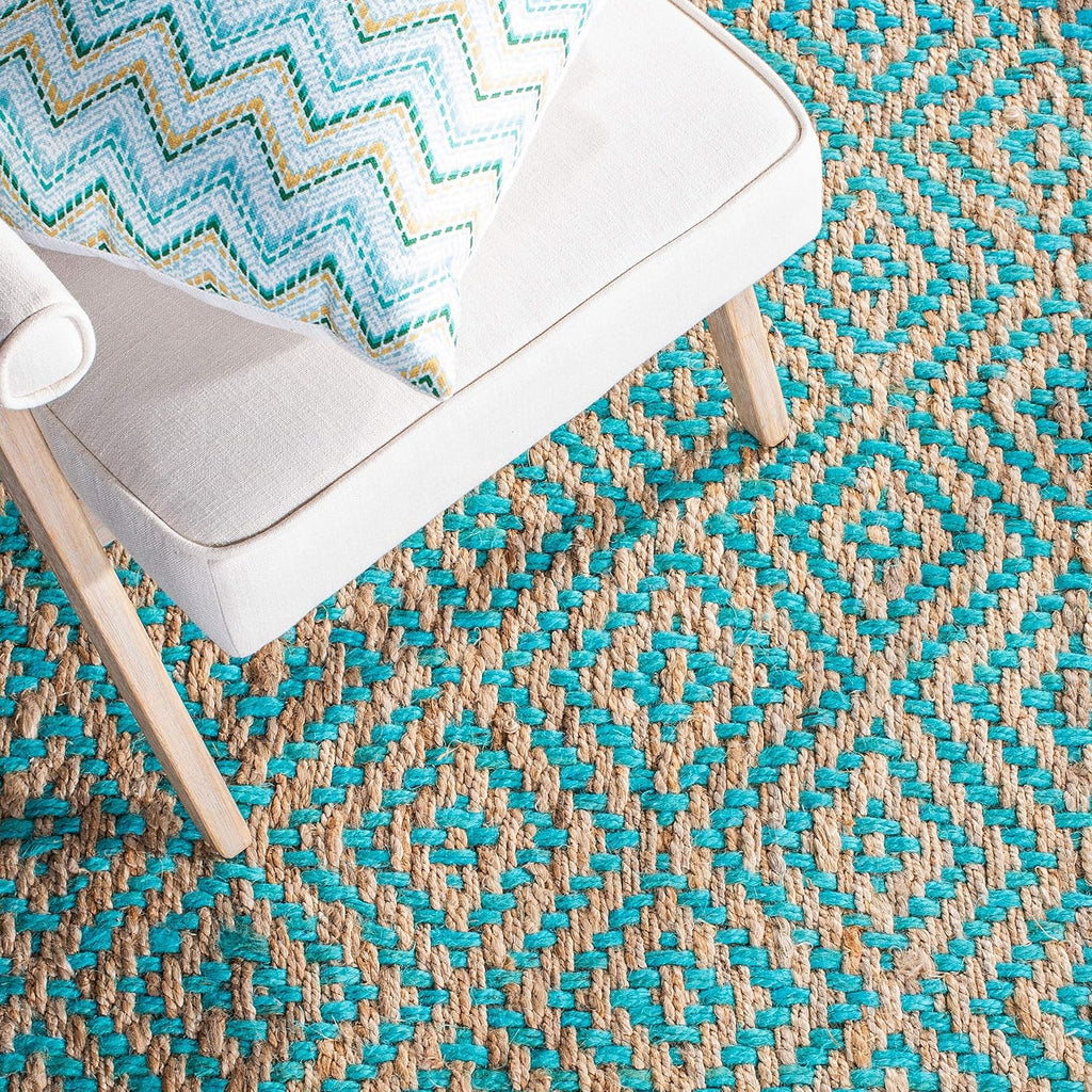 Natural Fiber Collection Area Rug - 6' Square, Turquoise & Natural, Handmade Boho Diamond Tassel Jute, Ideal for High