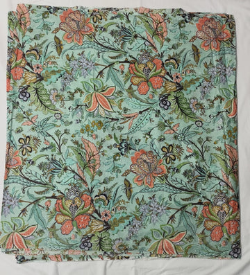 Indian Hand-Block Printed Jaipuri Flower Print Floral Ethnic Sanganer Kurti Print Cotton Fabric (Mint Mugal Flower, 3