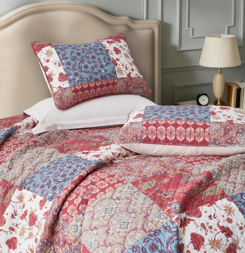 Rowan 3-Piece Cotton Quilt Set, Oversized King Size, Printed Patchwork Bedspread with Vintage Floral Paisley