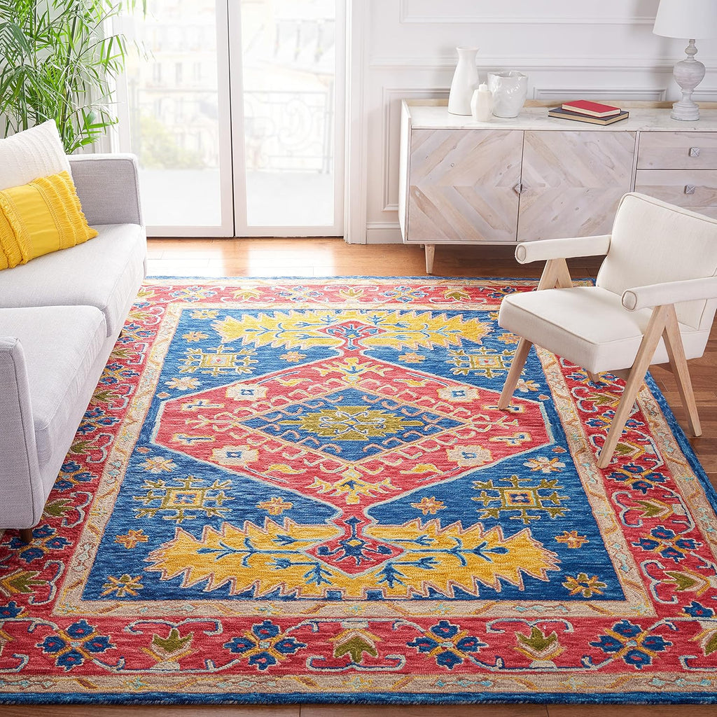 Aspen Area Rug - 10' x 14', Red & Blue, Handmade Boho Wool