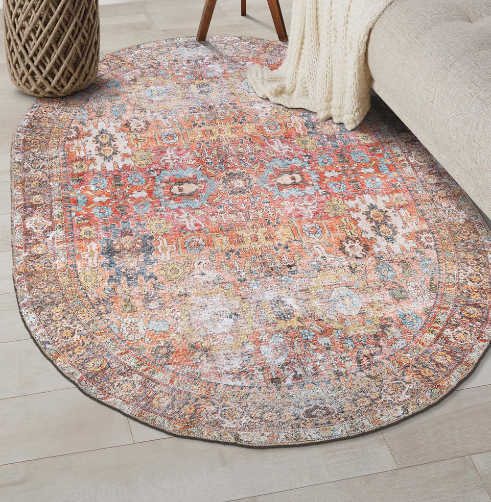Machine Washable Distressed Transitional Oval Rug Multi 5' x 7'