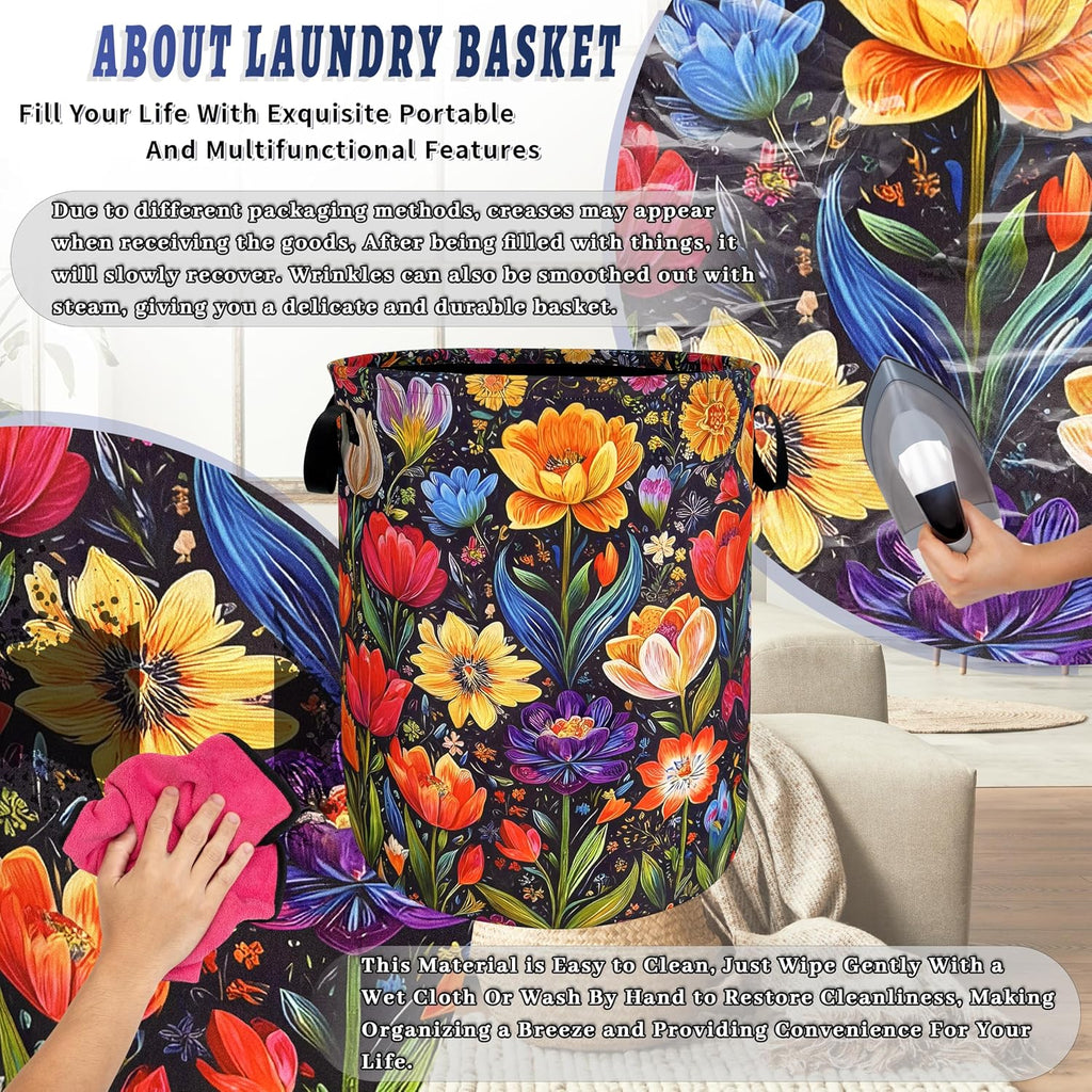Bright Colorful Flowers Laundry Hamper Oxford Cloth Beautiful Floral Laundry Basket With Handle Portable Clothes