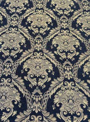 Black & Gold Damask Chenille Upholstery Fabric - Luxury Tapestry Fabric for Furniture, Chairs, Sofas, Cushions & Home