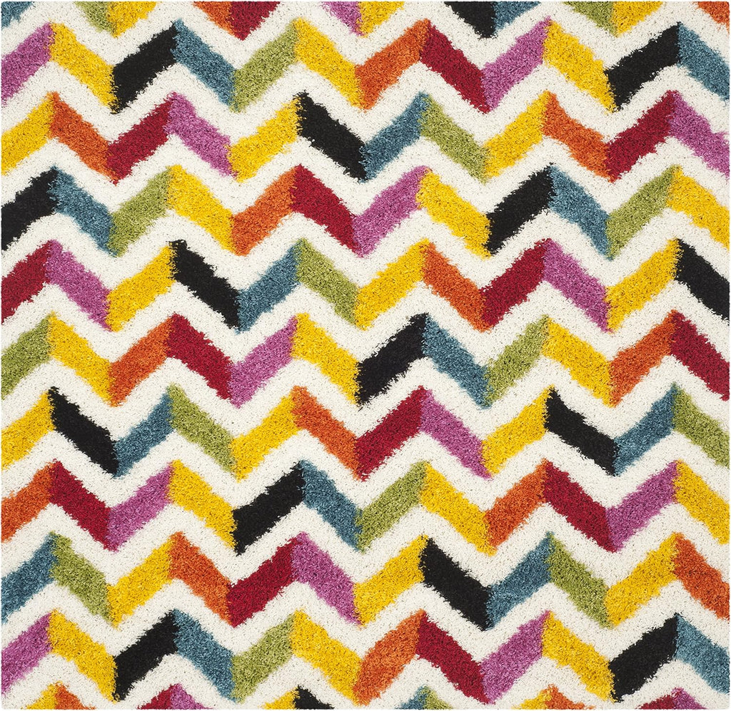 Kids Shag Collection Area Rug - 6'7" Square, Ivory & Multi, Rainbow Chevron Design, Non-Shedding & Easy Care, 2-inch