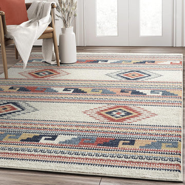 Multicolor Southwestern Design Area Rug - Non-Shed Orange, Grey & Beige Tribal Pattern Dining Room Carpet Rugs