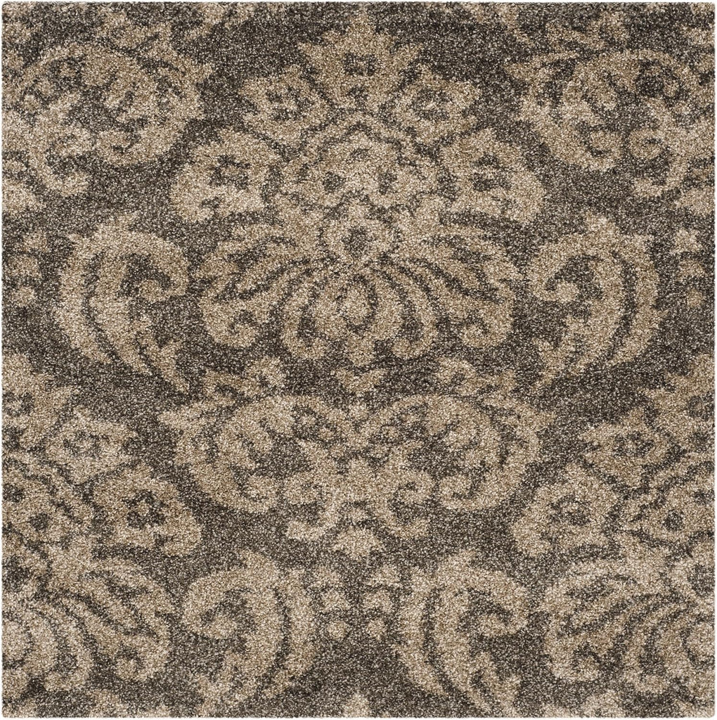 Florida Shag Collection Area Rug - 4' Square, Smoke & Beige, Damask Design, Non-Shedding & Easy Care, 1.2-inch Thick