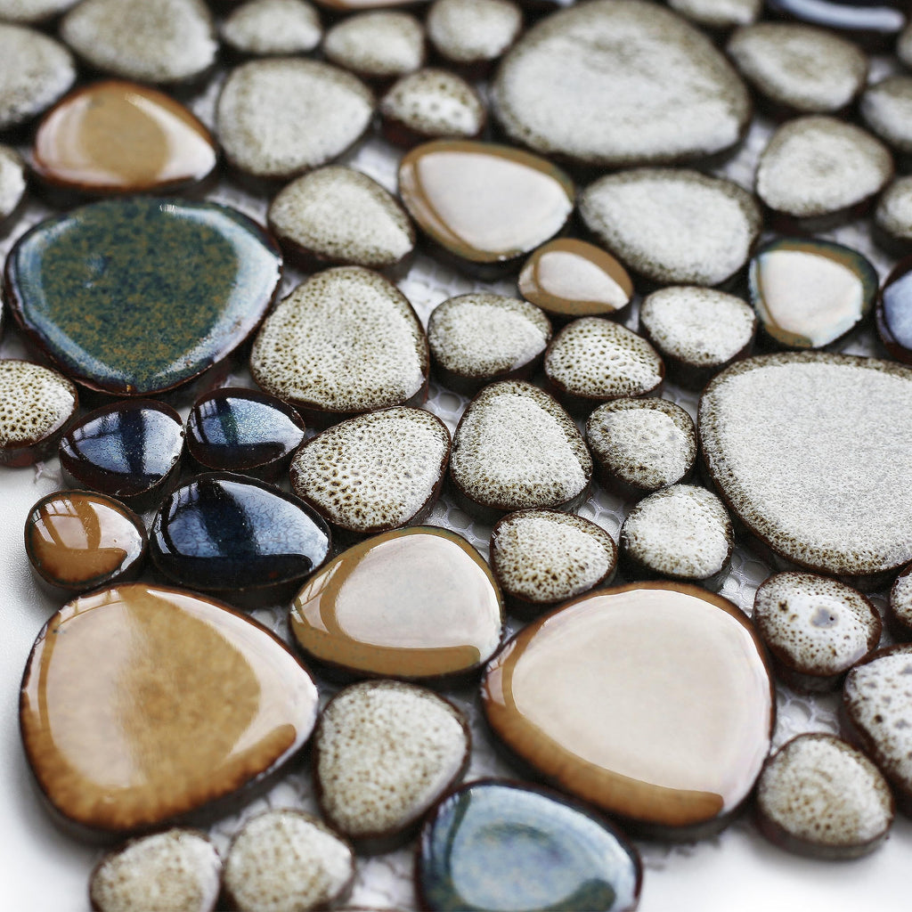 Pebble Stone Mosaic Tiles 5 Sheets, Beige Tan Brown Ceramic Mosaic Sheets Mesh Mounted 12x12, Glazed Porcelain Tile