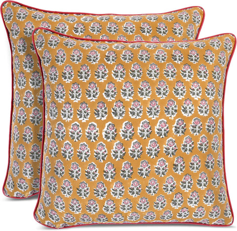 CPC 100% Cotton Throw Pillow Covers 20x20 Inch, Set of 2 Yellow Block Print Pattern Couch Pillow, Cute Boho