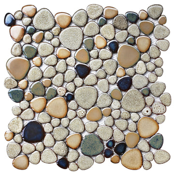 Pebble Stone Mosaic Tiles 5 Sheets, Beige Tan Brown Ceramic Mosaic Sheets Mesh Mounted 12x12, Glazed Porcelain Tile