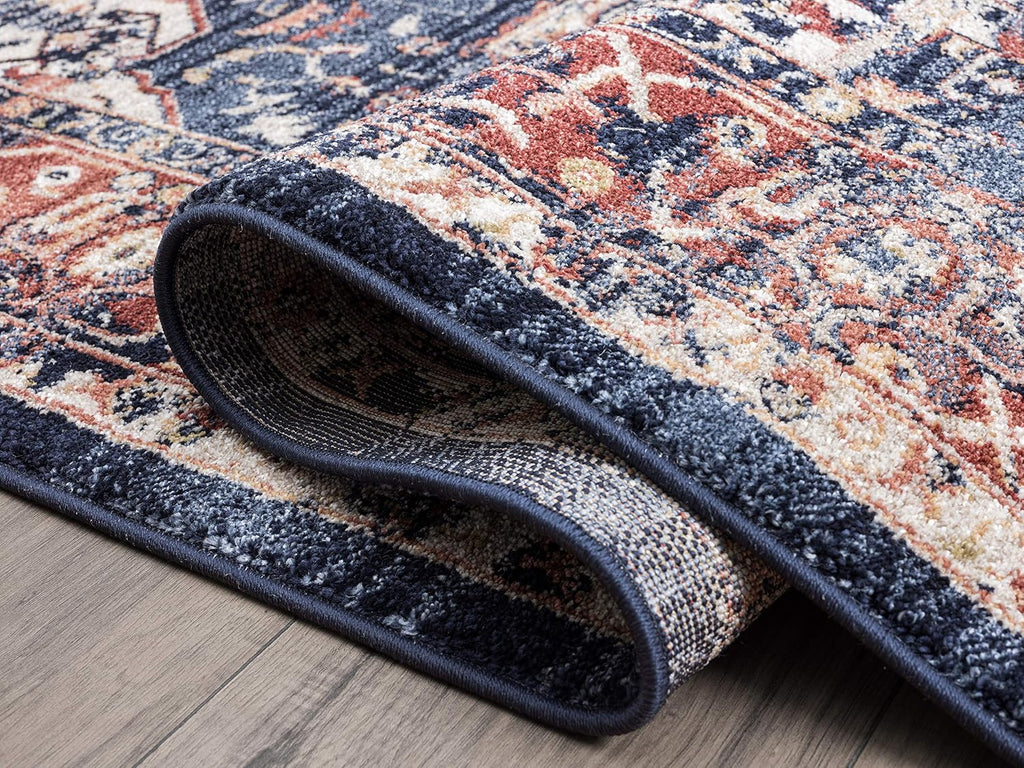 Navy & Beige Vintage Area Rug, Babylon Collection - Turkish Oriental Medallion Distressed Accent Rug Rugs