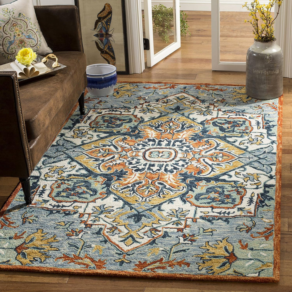Aspen Area Rug - 9' x 12', Blue & Rust, Handmade Boho Wool