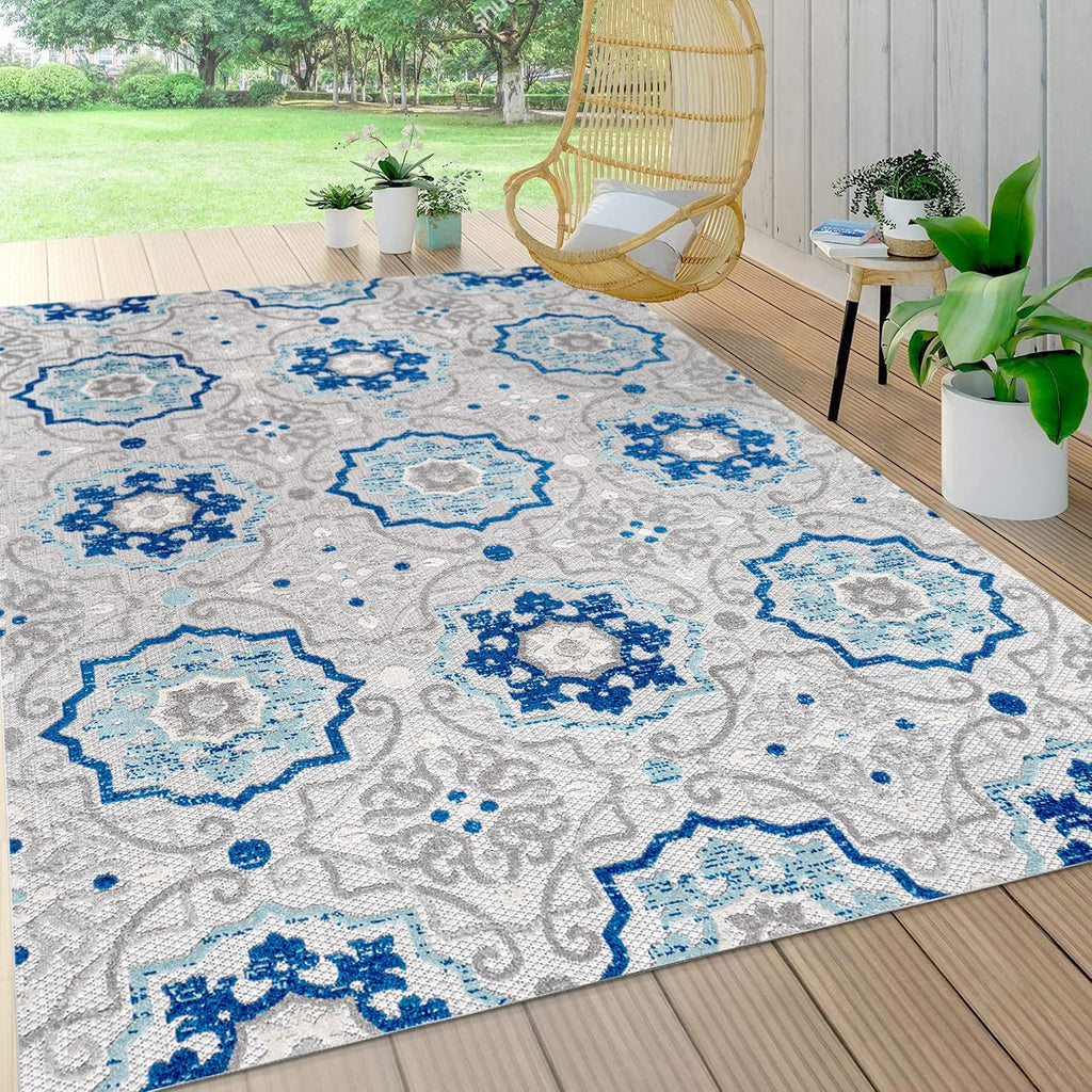 Mediterranean Medallion Indoor Outdoor Area Rug Blue/Gray, Boho for Backyard, Patio, Porch, Easy-Cleaning, High