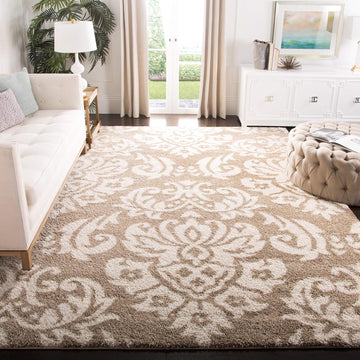 Florida Shag Collection Area Rug - 6'7" Square, Beige & Cream, Damask Design, Non-Shedding & Easy Care, 1.2-inch
