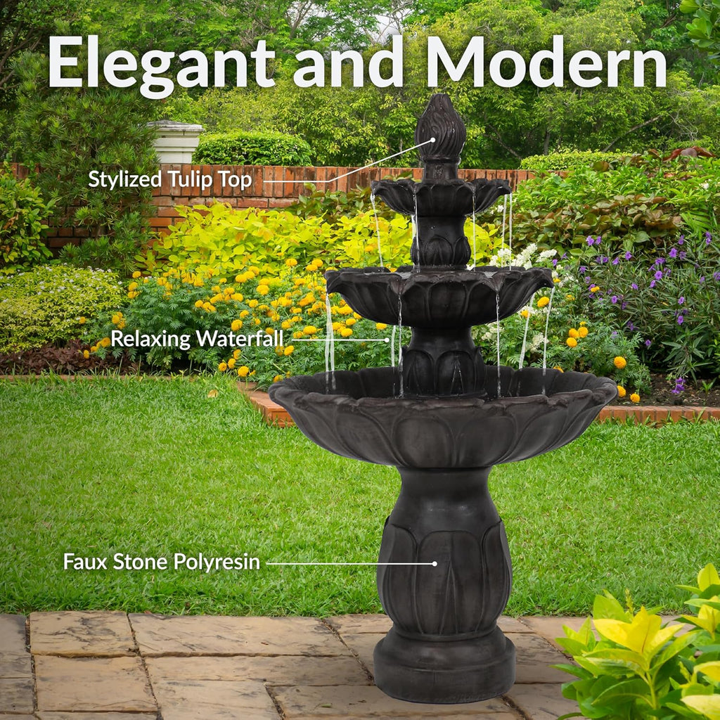 Classic Tulip 46" Tiered Outdoor Water Fountain - 3-Tiered Outdoor Fountain - Dark Brown