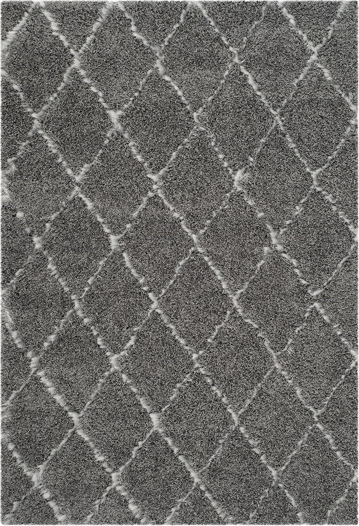 Moroccan Shag Collection Area Rug, Grey & Ivory, Trellis Design, Non-Shedding & Easy Care, 2-inch Thick