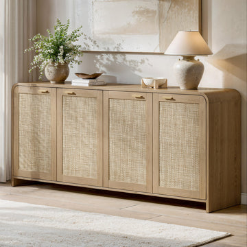 67" Rattan Sideboard Buffet Cabinet with Storage, Natural Oak