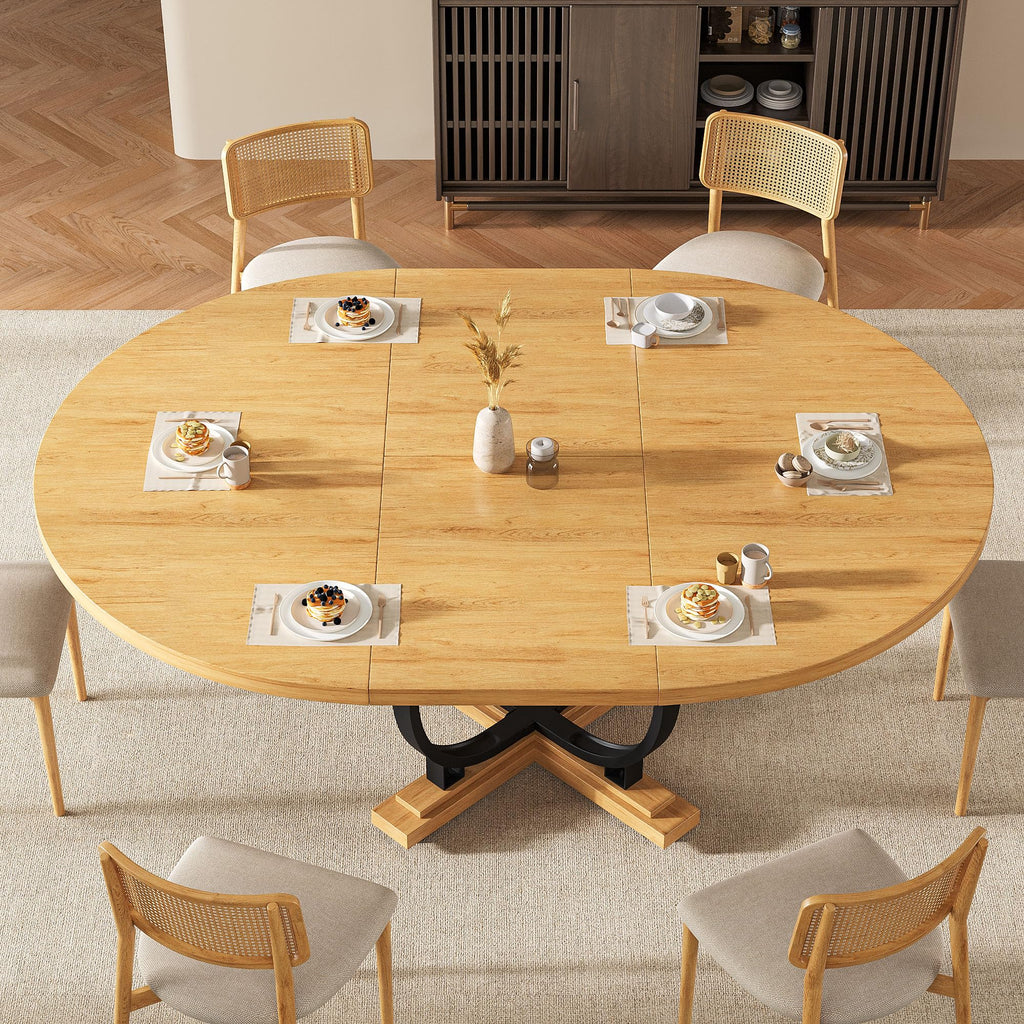 59" Extendable Round Dining Table for 4-6, Modern Oval Kitchen Table with Heavy Duty Curved Legs & Pedestal Base