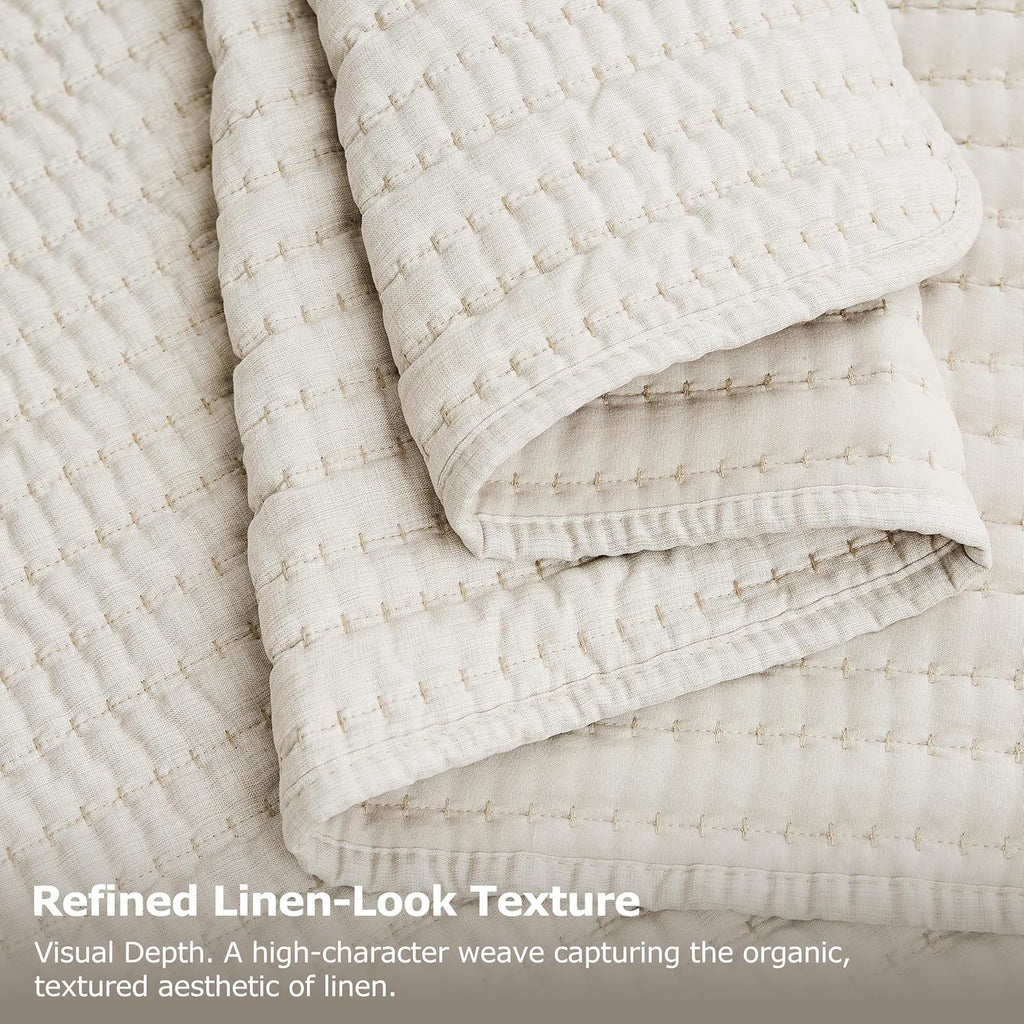 Beige Pick Stitch Oversized King Quilt Set, California King Striped Lightweight Soft Summer Spring Bedspread, Bamboo