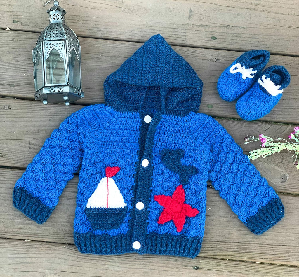 Hand Knitted Baby Boys & Girls Soft Wool Hoodie Long Sleeve Sweater Cardigan Set Blue Red, 0-6 Months