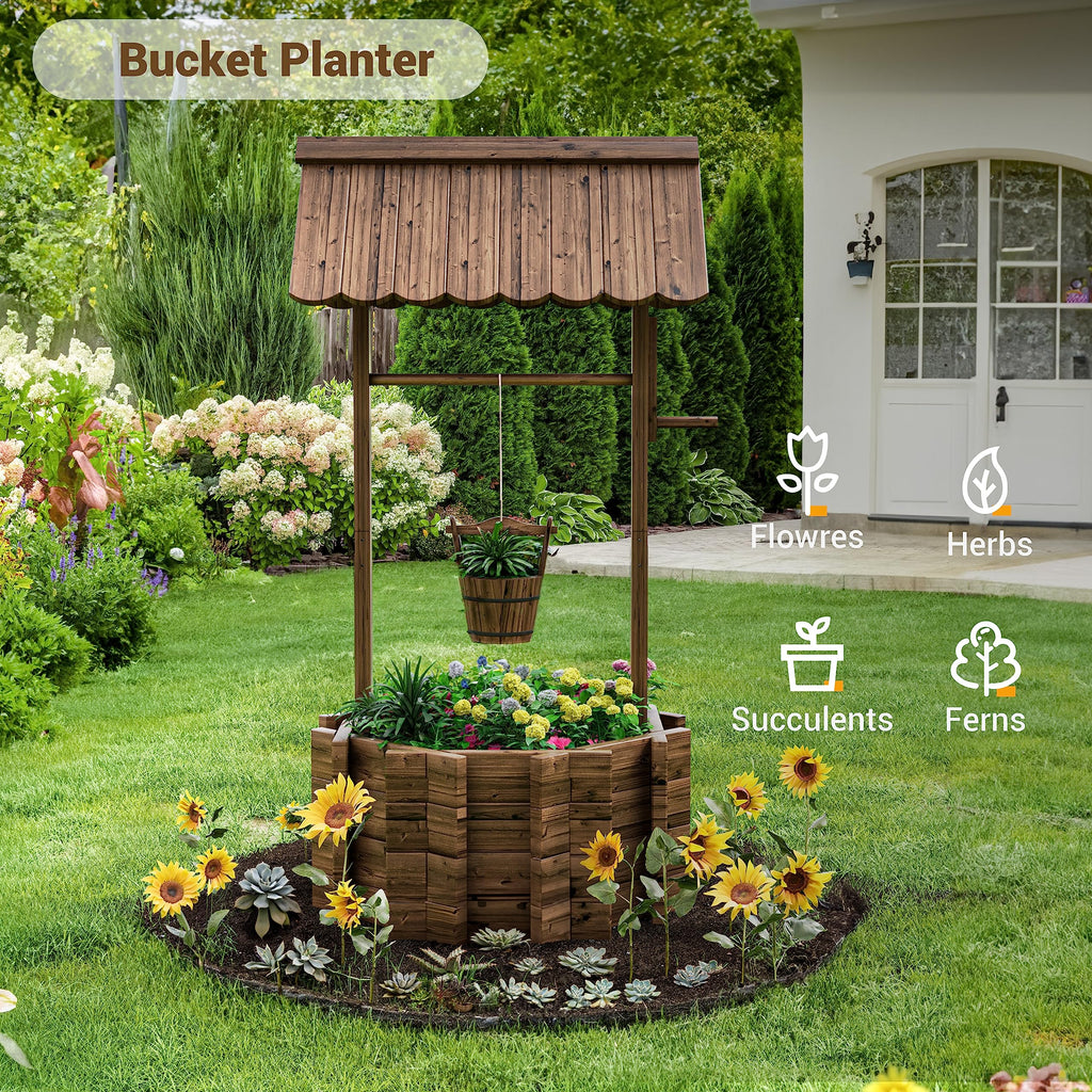 Wishing Wells for Outside, Wooden Wishing Well Planter for Yard, Upgrade Wishing Well with 4 Reinforced Rod & Hanging