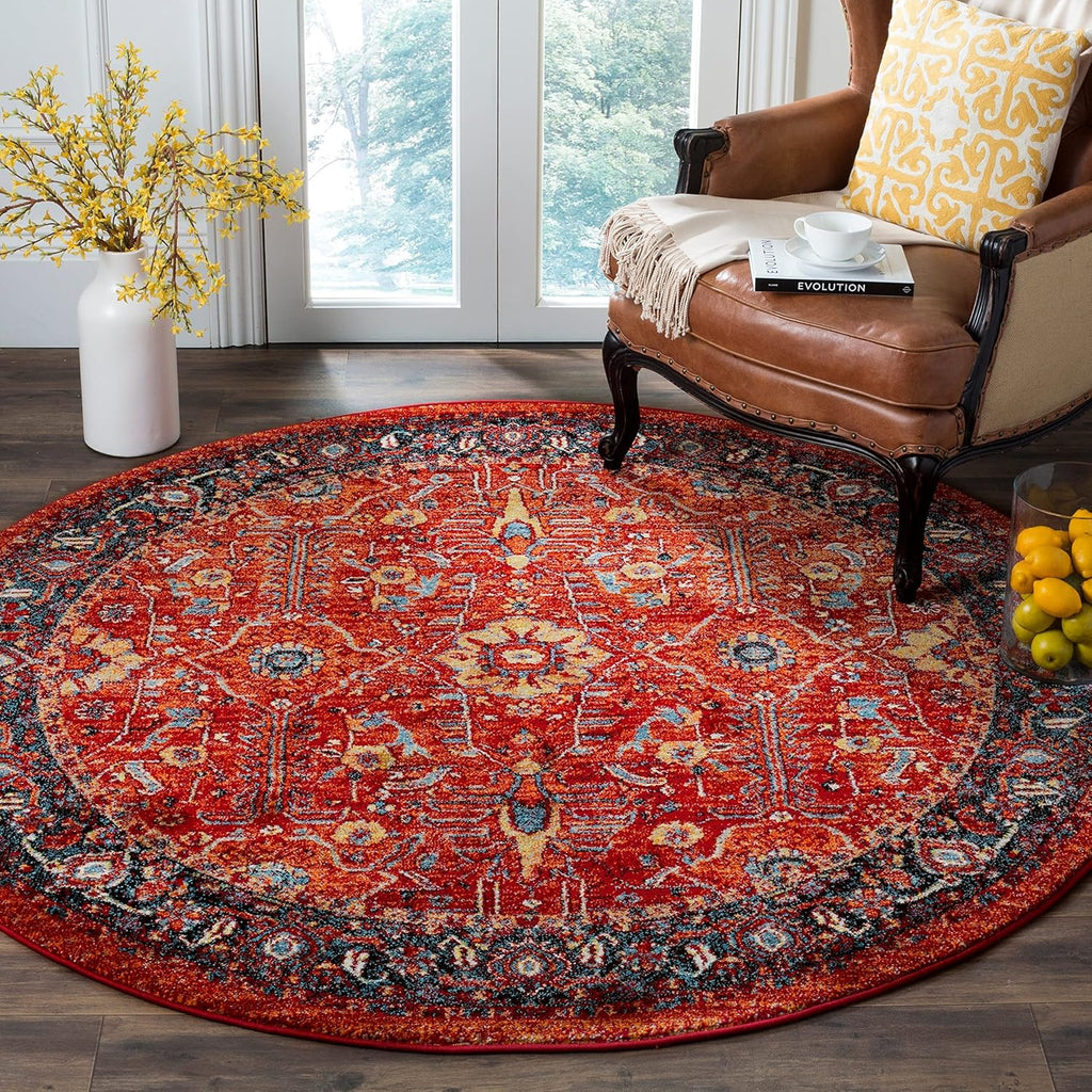 Vintage Hamadan Area Rug - 9' x 12', Orange & Navy, Oriental Traditional Persian Design, Non-Shedding & Easy Care