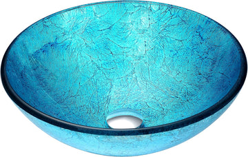 Accent Modern Tempered Glass Vessel Bowl Sink in Blue Ice, Aqua Top Mount Bathroom sinks above Counter
