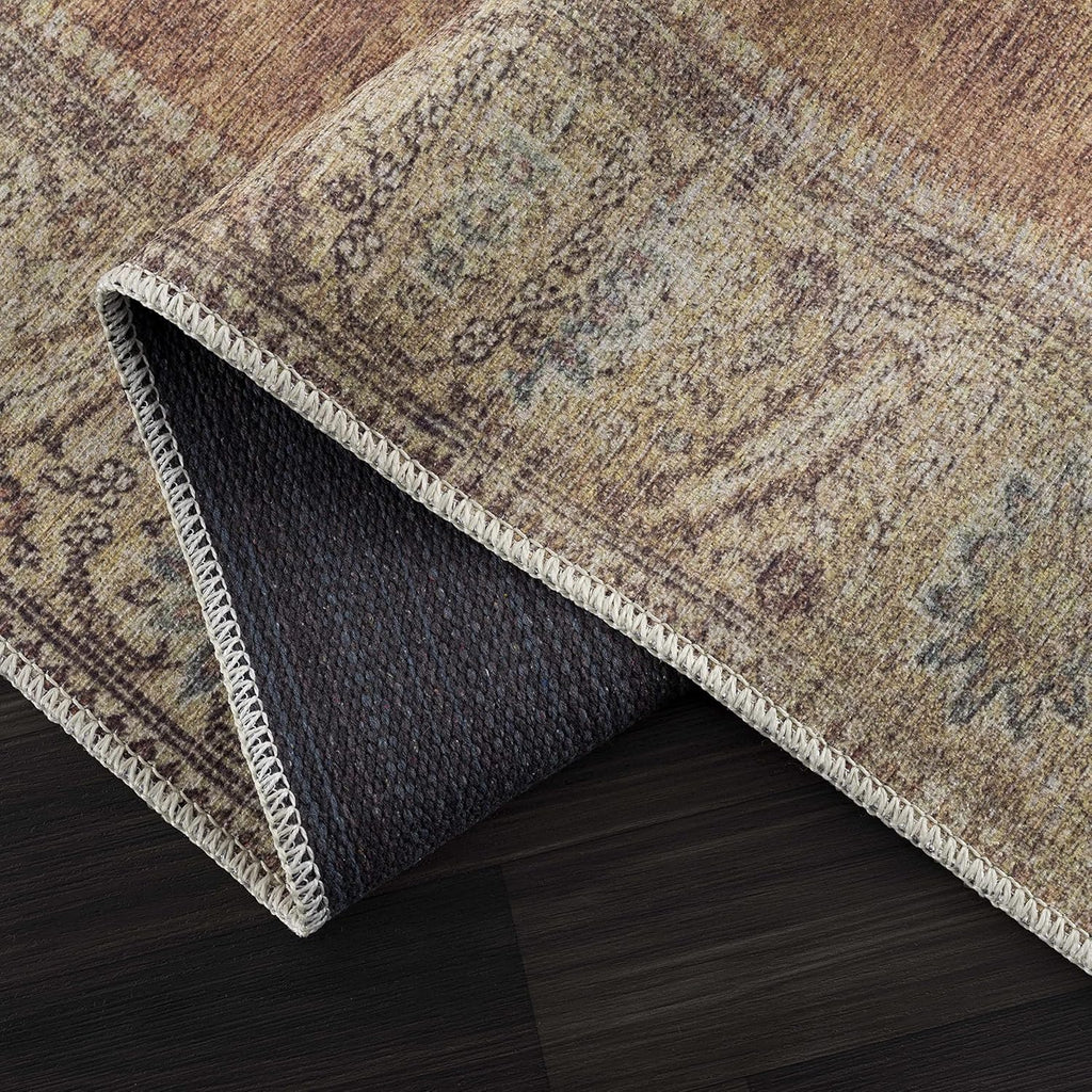 Powhatan Machine Washable Area Rug - Medallion Floral Border Distressed Faded - Traditional Oriental Transitional