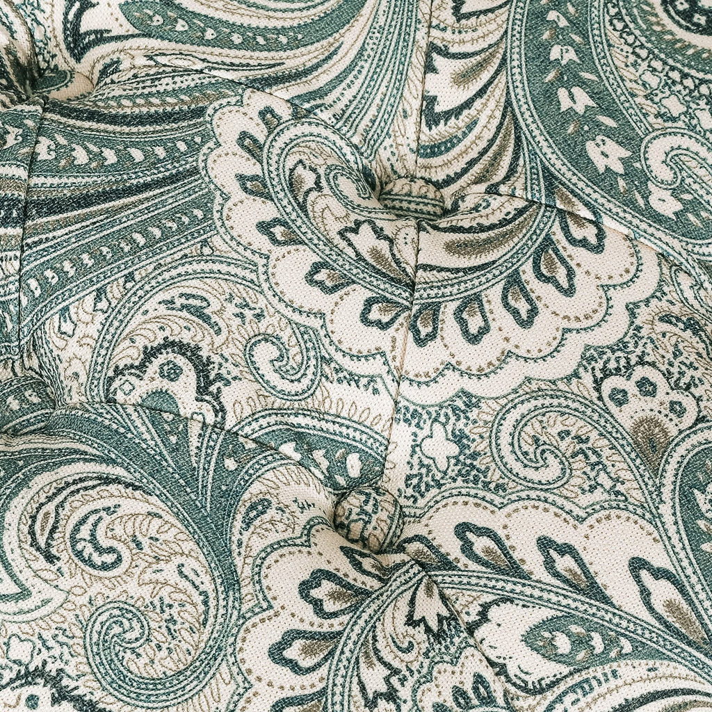 20'' Tufted Ottoman- Vanity Ottoman Stool with Sturdy Wood Legs- Mid-Century Teal Boho Paisley Floral Faux Linen
