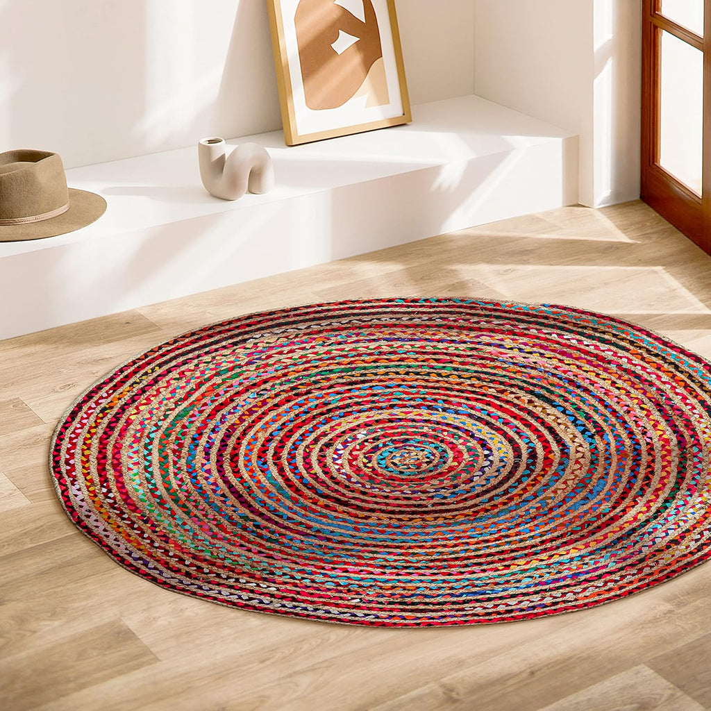 5' Round Handwoven Jute Chindi Area Rug - Colorful Round Boho Rugs | Rugs - Hand Braided Multicolor Bohemian Rug for