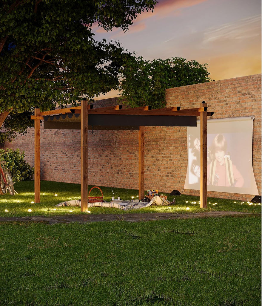 10 x 13 ft Wood-Grain Aluminum Pergola Outdoor Pergola with Retractable Canopy Sun Shade Shelter for Garden
