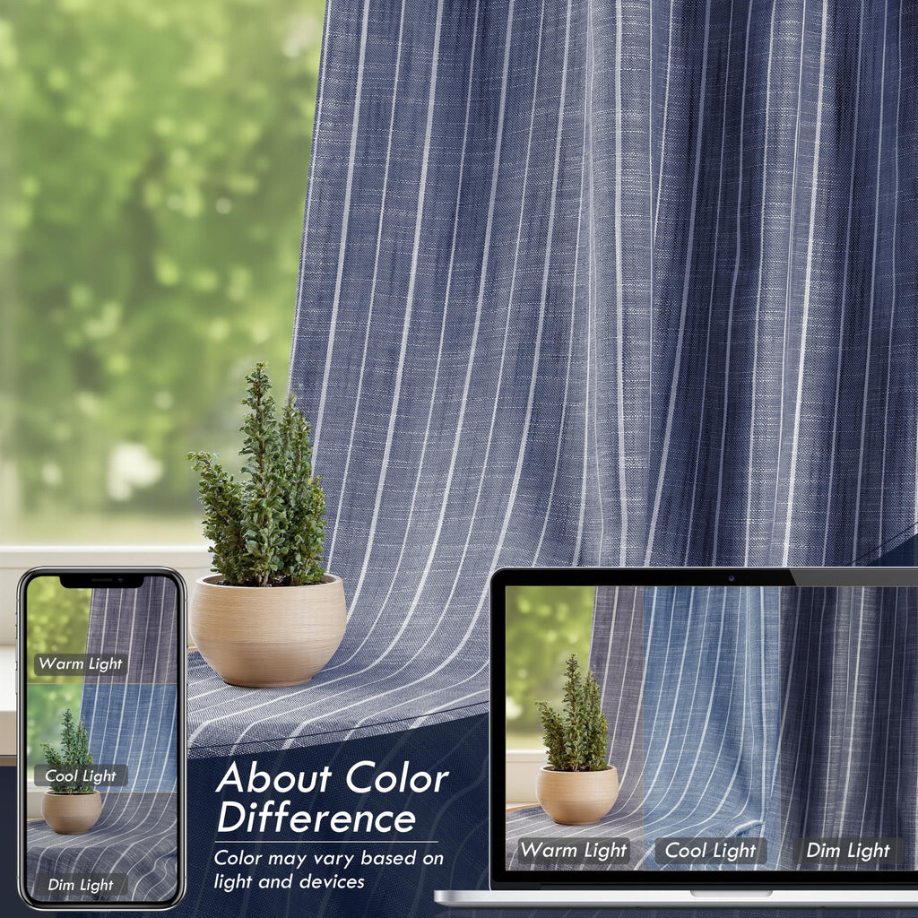 100% Blackout Linen Hygge Striped Curtains, 84 Inches, Navy