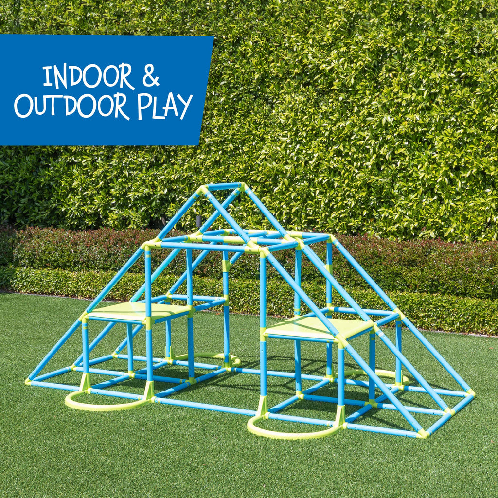 Mega Pyramid Monkey Bars Climbing Tower Active Outdoor Fun for Kids Ages 3 to 8 Years Old, Blue/Green