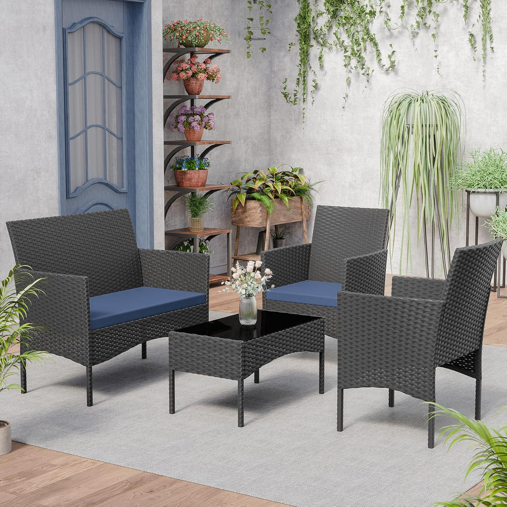 Kurapika Patio Furniture Set 4 Pieces Outdoor Wicker Rattan Chairs Conversation Sets w/Coffee Table