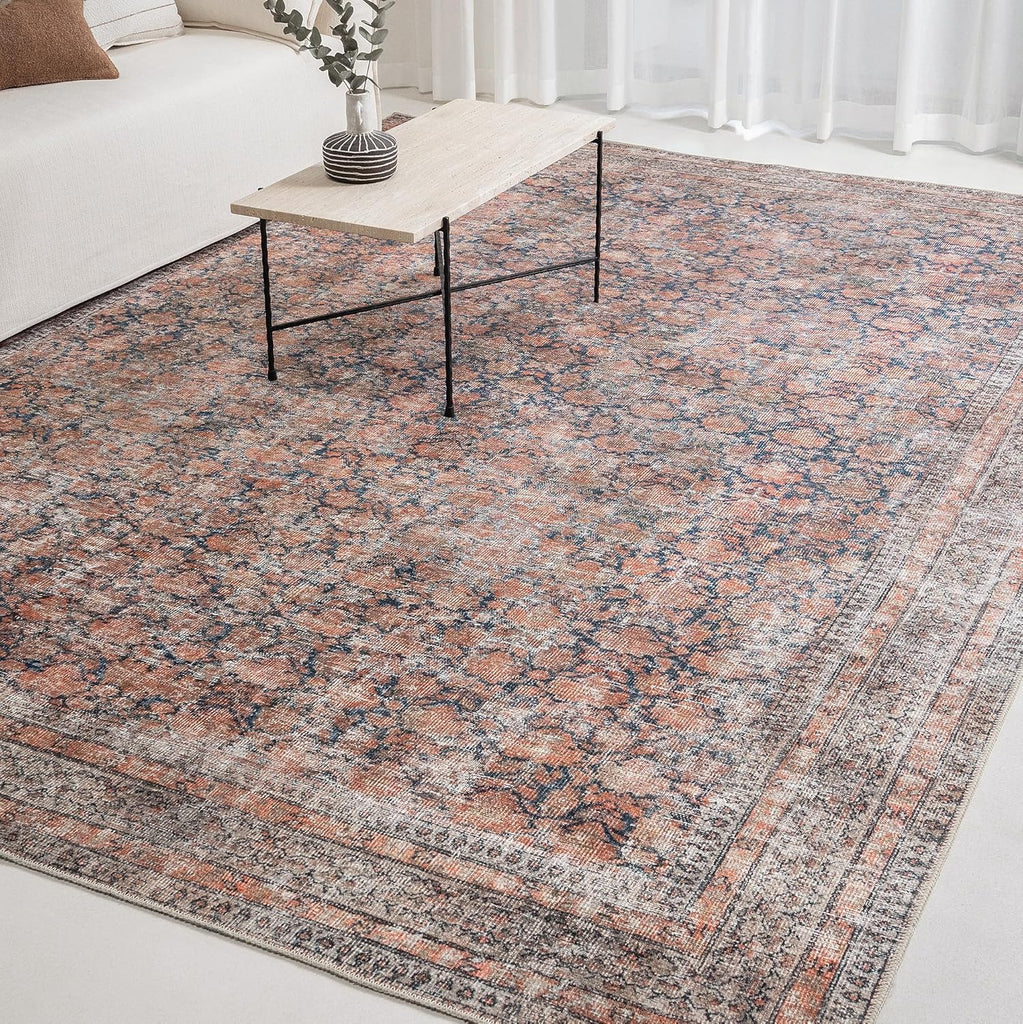 Rustica 10’ x 14’ Area Rug - Clay Rose & Blue-Cast Graphite Heritage Flatweave, Low-Pile - Easy Clean Area Rug