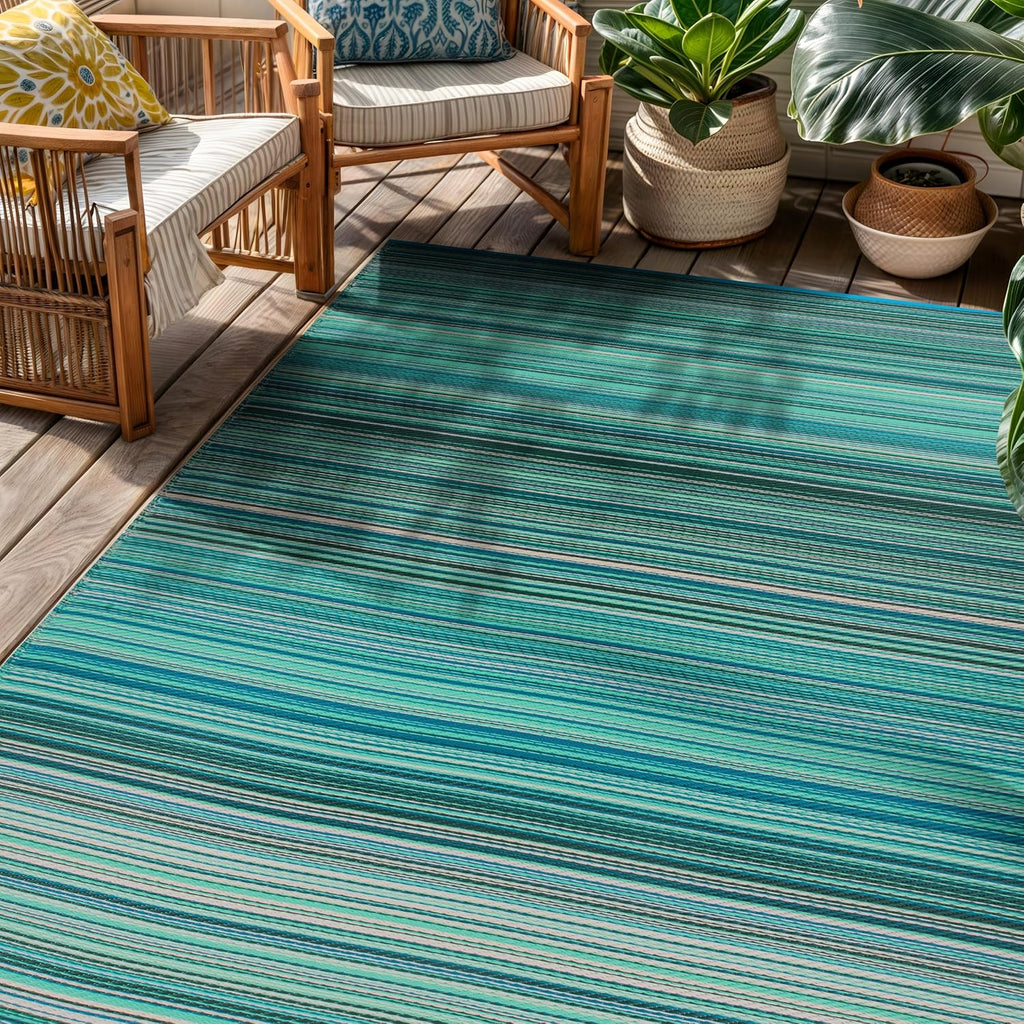 Contemporary Stripe Patio Deck Backyard Area Rug Blue