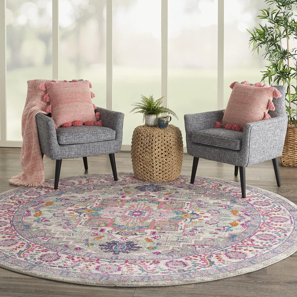 Home Passion Light Grey Pink 8' x Round Area Rug - Easy Clean, Non Shedding, Bed Room, Living Room, 