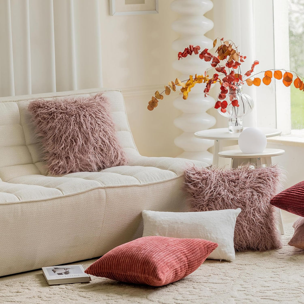 Dusty Rose Pillow Covers 18x18 Pillows Fluffy Fuzzy Fur Pillow Covers Set of 2 Shaggy Cushion Cover 18 x 18 inch