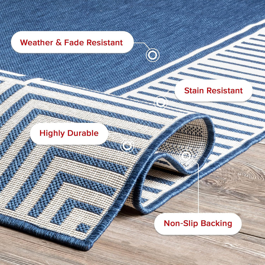 Asha Navy Bordered Power Loomed Indoor/Outdoor Area Rug