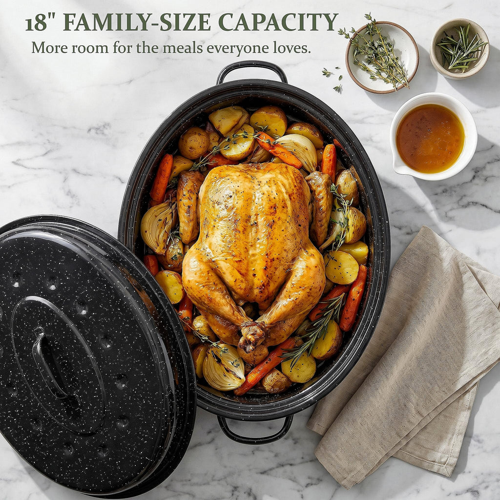 Enamel Roasting Pan with Lid 18" Turkey Roaster Upgraded Ceramic Glaze for Easy Release, Bigger Family Size Capacity