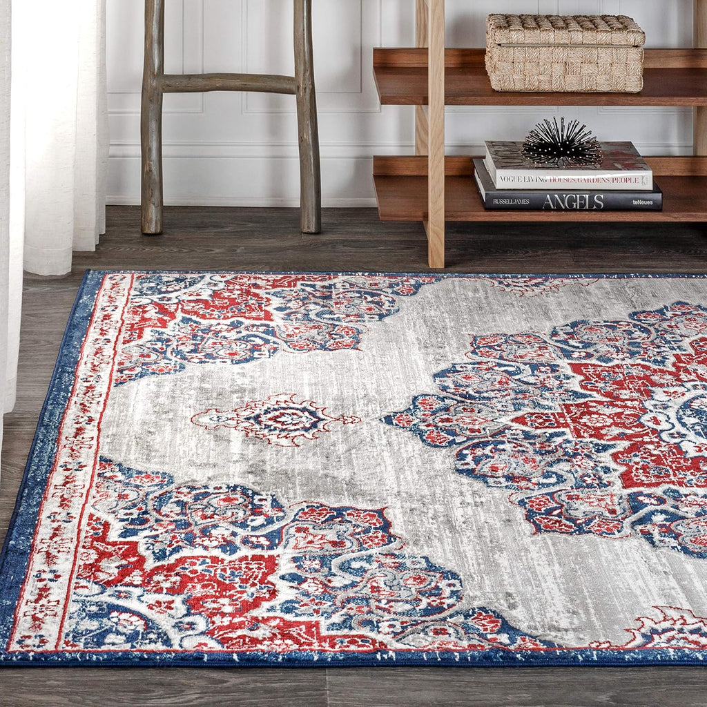 Modern Vintage Moroccan Medallion Navy/Red Indoor Area Rug, Country, Floral, Easy-Cleaning, Pet Friendly