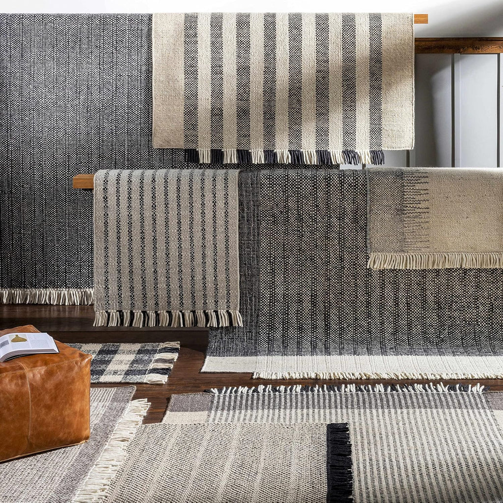 Thorold Wool Living Room, Bedroom Area Rug - Striped Woven Textured - Traditional Transitional Farmhouse Boho Modern