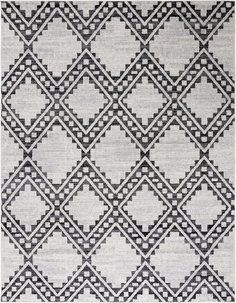 Area Rug - Tulum Collection - Large - Ivory & Black, Moroccan Boho Tribal Diamond Design, Non-Shedding & Easy to